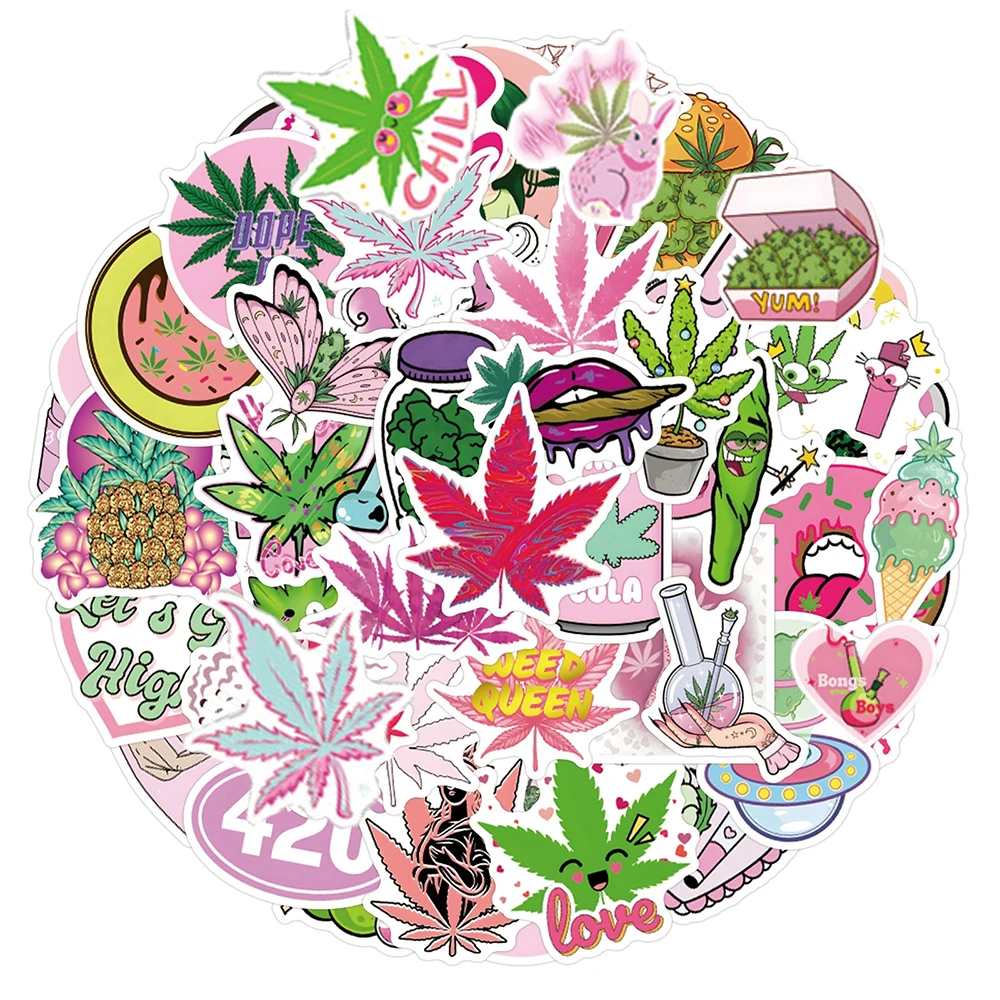 10/30/50/110pcs Cool Pink Cute Cartoon Weed Leaves Spoof Stickers Decals Laptop Motorcycle Phone Car Bike Waterproof Sticker Toy
