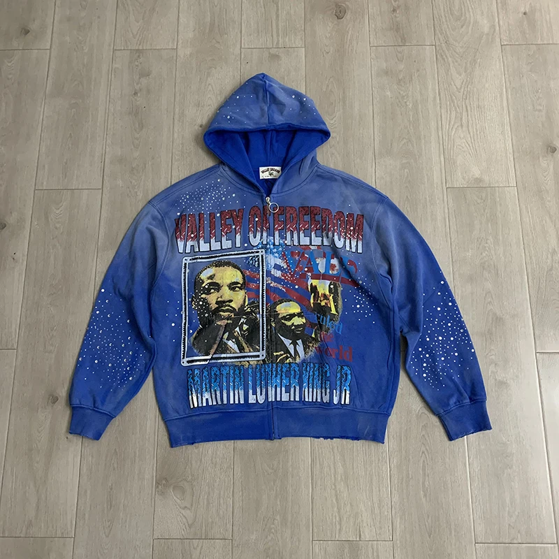 VALLEY Men Women Blue Vintage Washed Zip Up Hoodie Portrait Letter Splash Print Loose Casual Sweatshirt