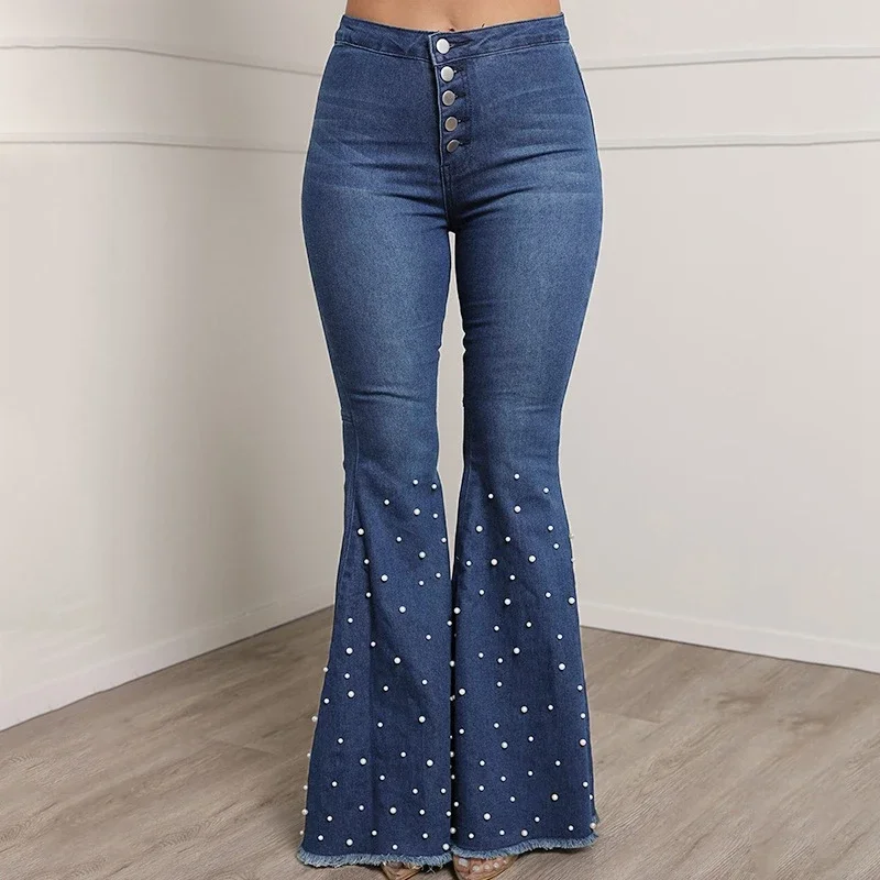 Women High Waist Elastic Skinny Jeans Wide Leg Trousers Ladies Casual Bell Bottom Jeans Pants Plus Size Beaded Denim Flare Jeans