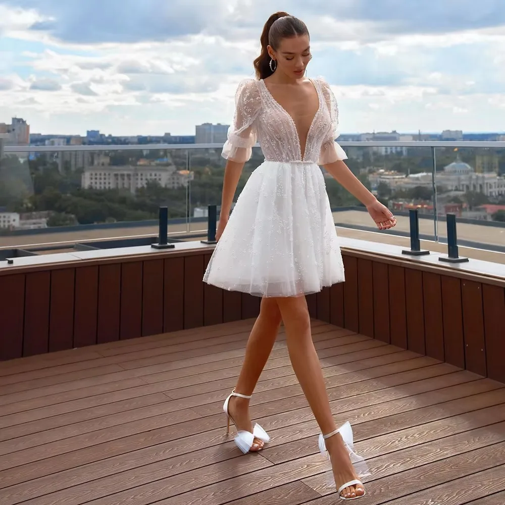 Elegant Short Wedding Dresses 2027 V Beaded Lace Tulle Puff Sleeve A-Line Mini Bridal Party Dress Customized Vestido De Novia