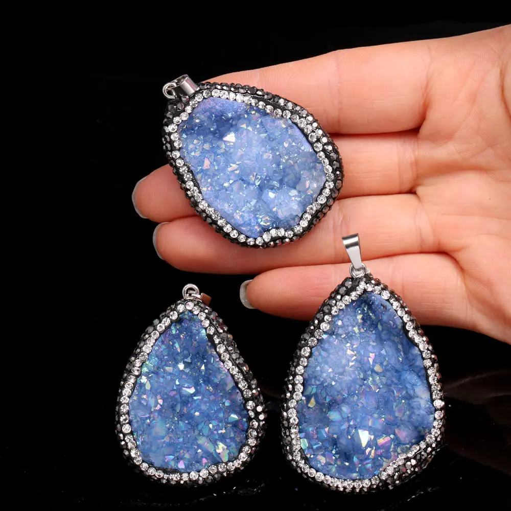 Natural Stone Pendant Irregular Shaped Blue Quartz Crystal Cluster Charms For Jewelry Making DIY Bracelet Necklace Accessories