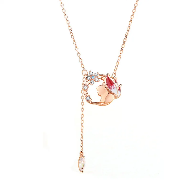 NEW European AAA CZ 100% S925 Sterling Silver Necklace Chain Cute Fox For Women Birthday Party Gift Jewelry