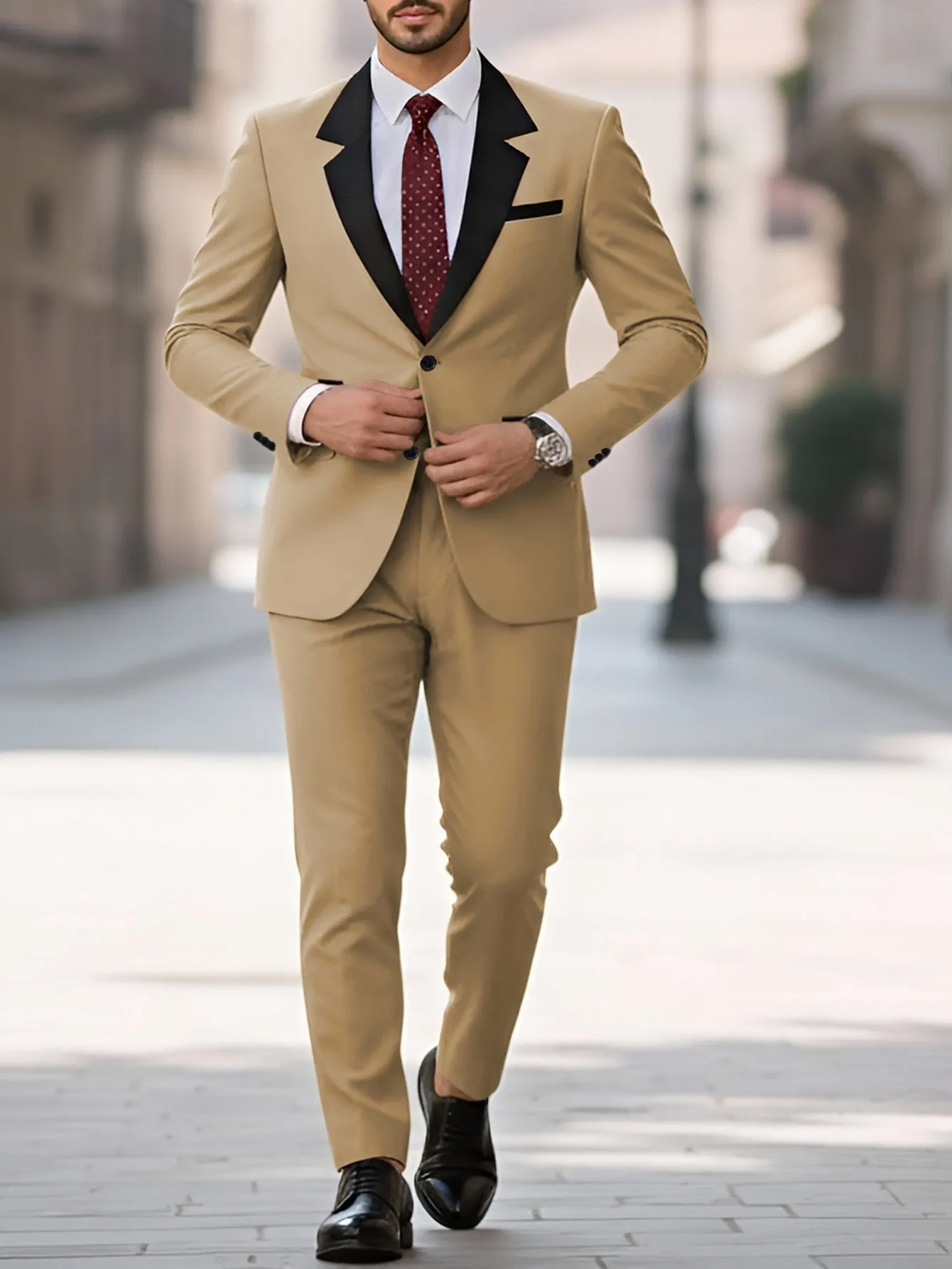 Men Khaki Tuxedo Suit 2 Piece Set, Black Peak Lapel Blazer & Ankle Length Trousers, Slim Fit Wedding Party Costume Homme