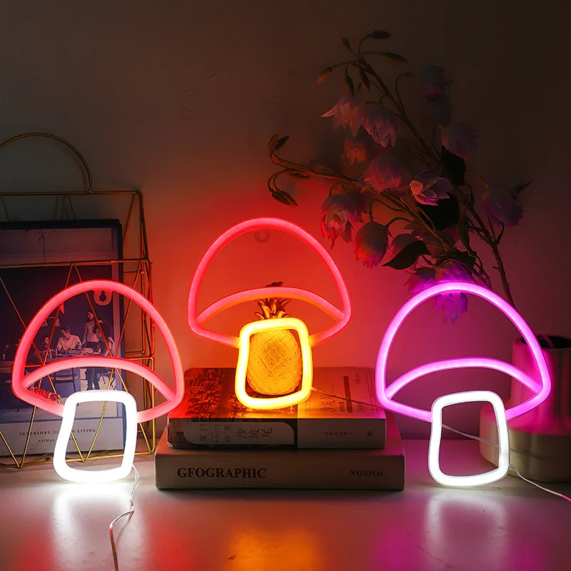 LED Neon Mushroom USB or Battery Powered Neon Signs Night Light 3D Wall Art & Game Room Bedroom Living Room Decor Lamp Signs