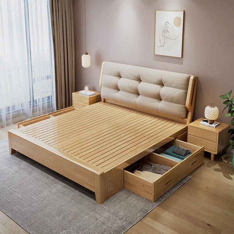 Nordic cloud solid wood bed, log soft against high box air pressure master bedroom marriage bed