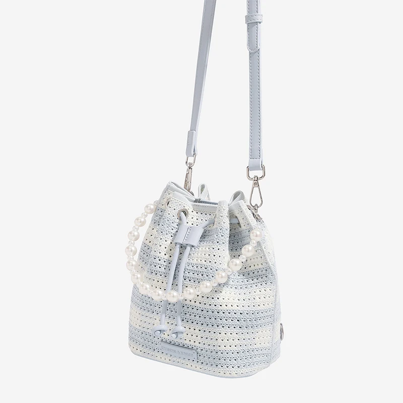 

Pearl Chain Embellished Crossbody Shoulder Bag,Color Contrast Backpack,Hollow Woven Drawstring Chic Bucket Bag,Women's Sling Bag