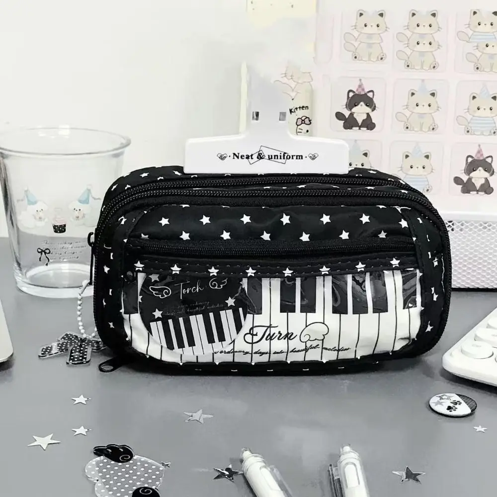 Large Capacity Piano Keyboard Pencil Case Sweet Cute Star Pencil Storage Bag DIY Ita Bag with Transparent Window Pen Organizer