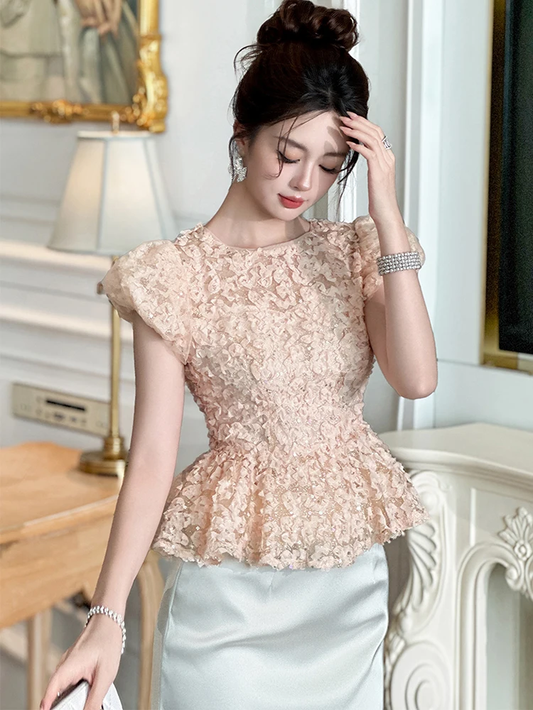 

Lady Clothes New Pink 3D Floral Sequin Blouse Women Elegant Lace Ruffle Slim Tops Party Sweet Fashion T-Shirt Daily Wear Casual