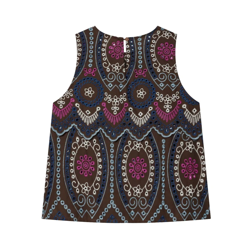 KEYANKETIAN 2026 Summer Ethnic Resort Folk Floral Cutout Cami Relaxed Cut Vest Allover Geometric Eyelet Stitch Sleeveless Top