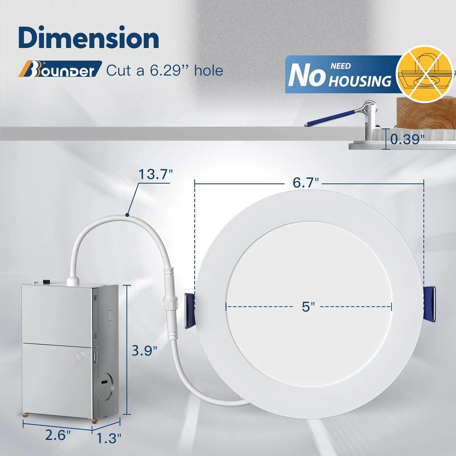 Ultra-fino LED recesso luz de teto com caixa de junção, lâmpada, selecionável, 24 Pack, 6 Polegada, 5Cct, 2700K, 3000K, 3500K, 4000K, 5000K