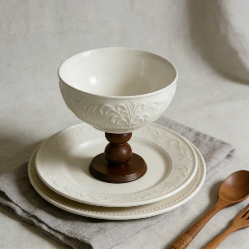 

French Lace Ceramic High Foot Plate High Foot Bowl Cake Round Afternoon Tea Dessert Snack Display Plate High Foot Dish New Decor