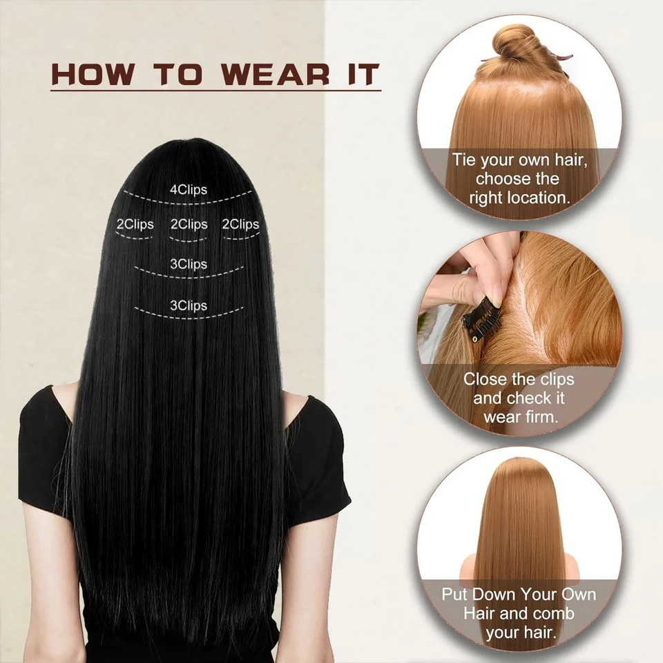 Sintético 6pcs/set Extensiones de Cabello Lacio Largo Ultra-invisibles Cabeza Completa Clip In 24 Pulgadas para Mujeres Uso Diario 4