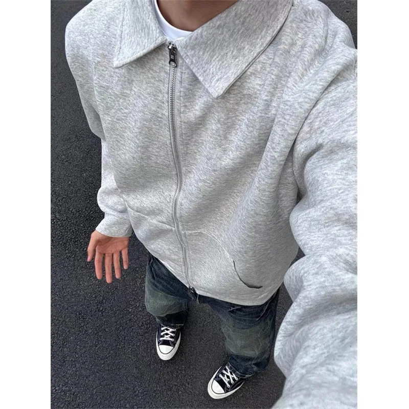 

Gray Zipper Cardigan Sweatshirt Men's Spring Autumn American Retro Collar Top High Sensation Short Casual Outerwear