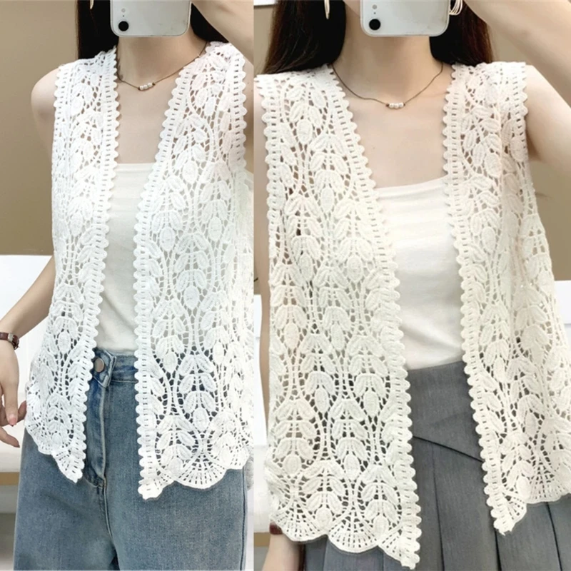 Womens Summer Hollowed Out Crochet Knitted Sleeveless Vests Cardigans Open Front Loose Beach Outwear Sweater Coat