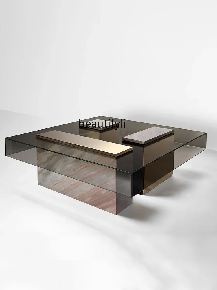 

Italian Affordable Luxury Style Designer Tempered Glass Square Coffee Table Living Room Simple Modern Stainless Steel Low Ta