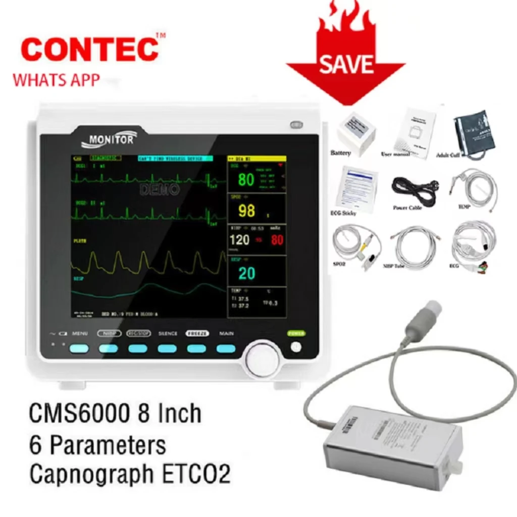 CONTEC Capnograph Multi Parâmetros Monitor do Paciente, Sinais Vitais, IBP e Impressora, 8 ", Etco2, CMS6000