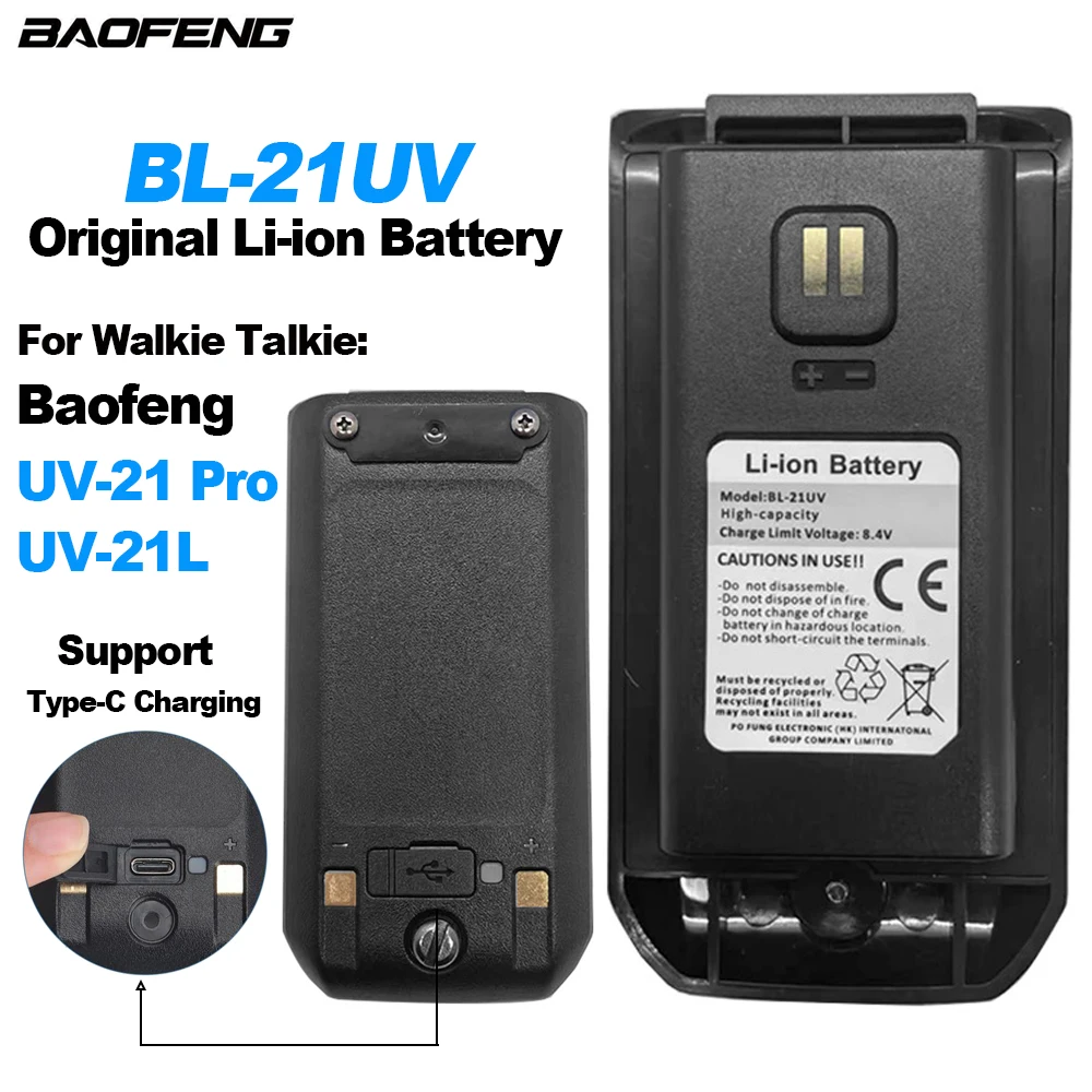 BAOFENG Walkie Talkie UV-21 Pro Li-ion Battery BL-21UV High Capacity 8.4V Original Battery Support Type-C Charging UV21Pro UV21L