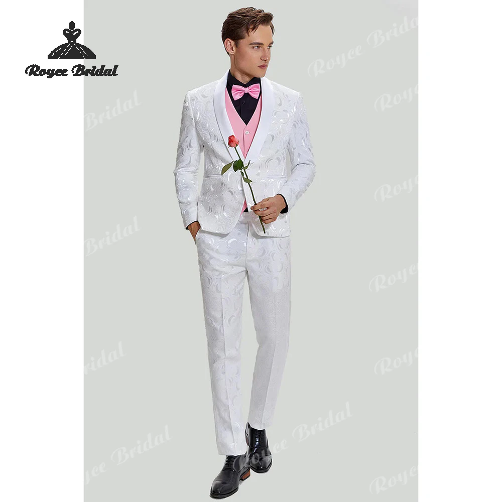 Driedelig Wit Jacquard Heren Trouwpak 2026 Sjaal Revers Single Breasted Een Knop Avondpak kostuum homme mariage