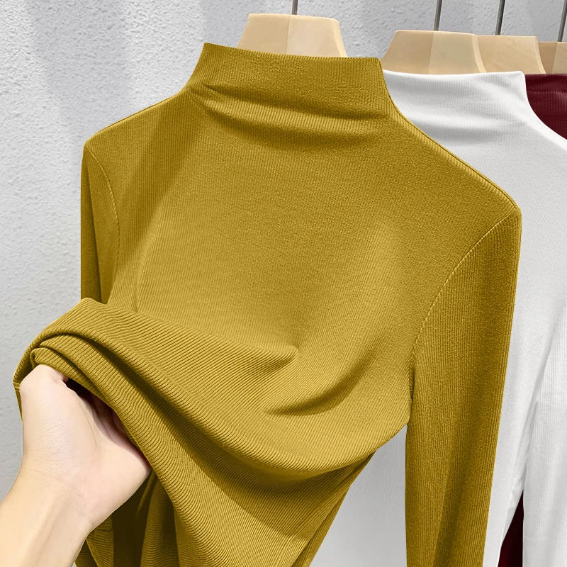 Slim Fit Long Sve f High Collar T-irt Women's Faionable Base irt Mommy Sle Teaded Trendy Top for Autumn