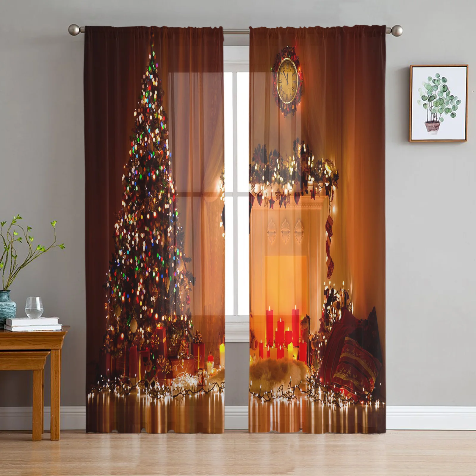 Christmas Tree Candles Clock Fireplace Tulle Curtains for Living Room Bedroom Voile Curtain Organza Sheer Balcony Window Drapes