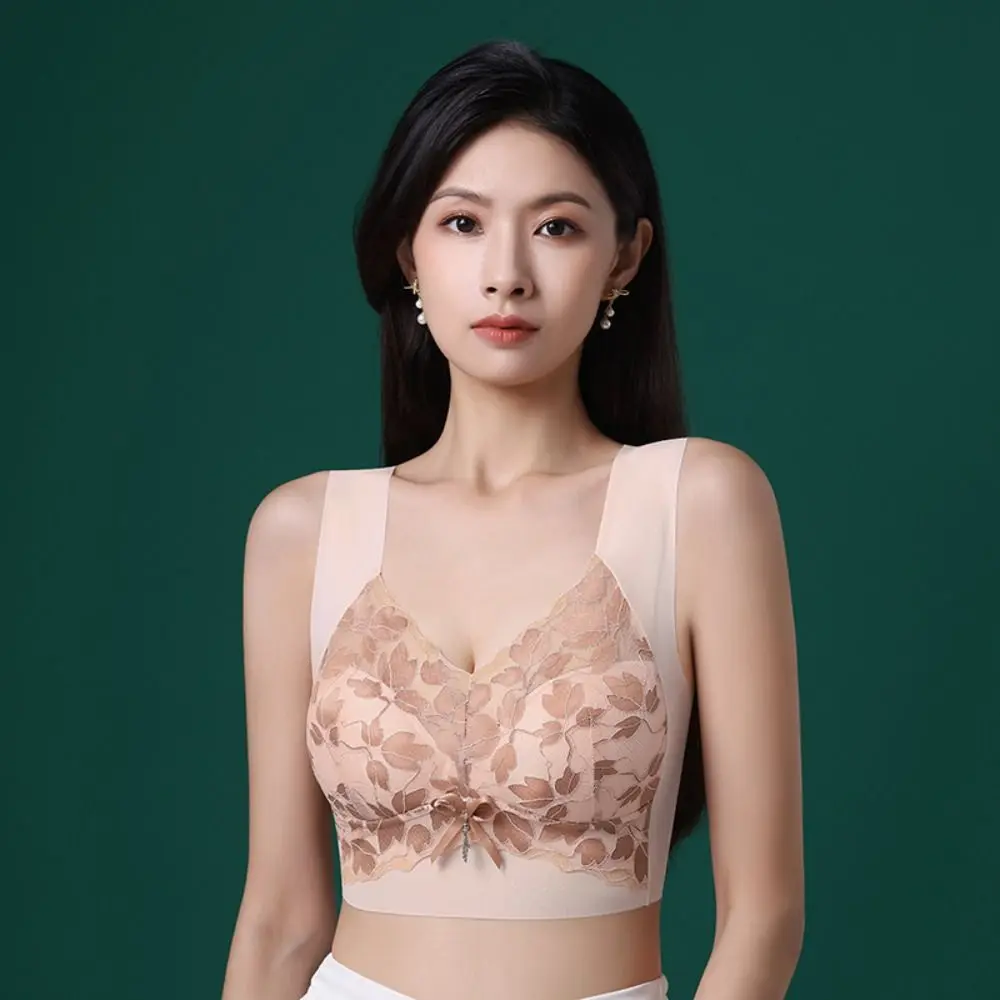 Soft Lace Deep V Bras Brassiere for Women Push Up Wireless Bras Leaf Bowknot Zircon Big Cup Shockproof Seamless Gathered Bra