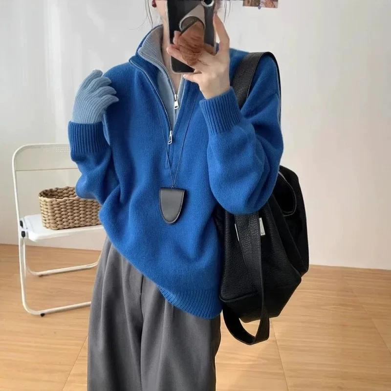 Women Fake Two Pieces Design Pullovers Knitted Stand Collar Blue Pullovers Womens Autumn Cardigans Tops Fashion Sweater
