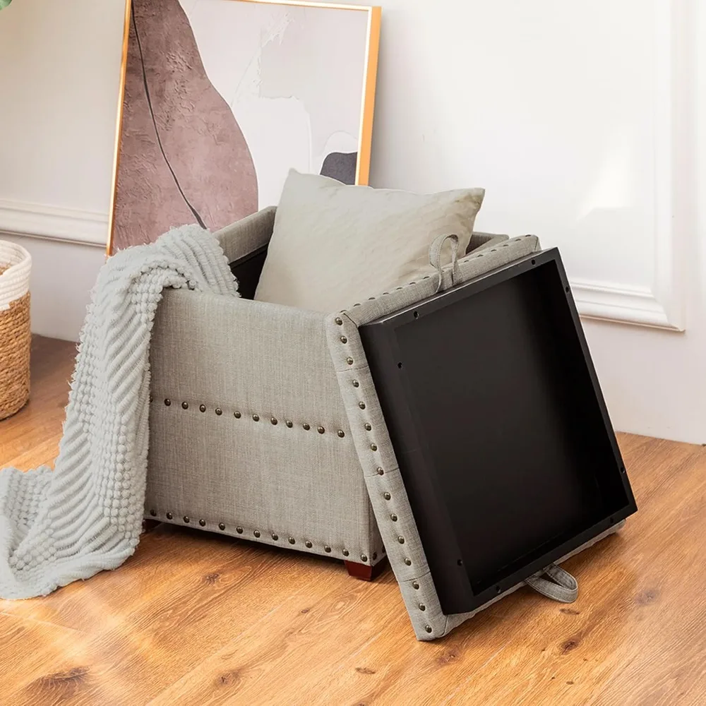 Adeco 18 Inch High Cube Storage Ottoman Linen Beige Foot Stool with Tray & Solid Wood Legs