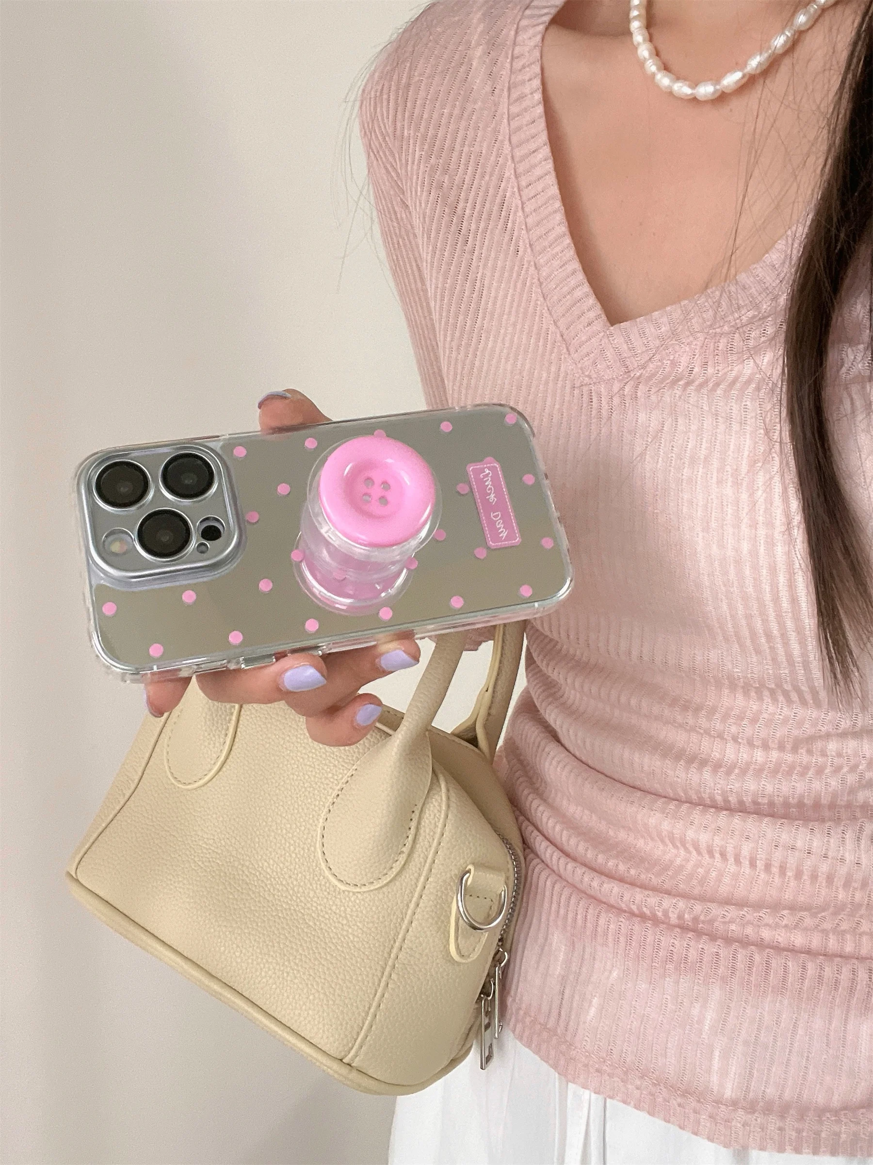 Reflective Mirror Flour Polka Dot Korea Luxury Button Bracket Case for iPhone 15 14 13 12 Pro Max Shockproof Cover For Girl Gift