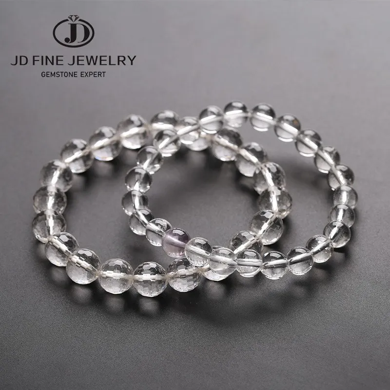 JD Natural Rock Crystal Beaded Bracelets Women Fashion Reiki White Clear Quartz Round Stone Chakra Strand Bangles Summer Jewelry