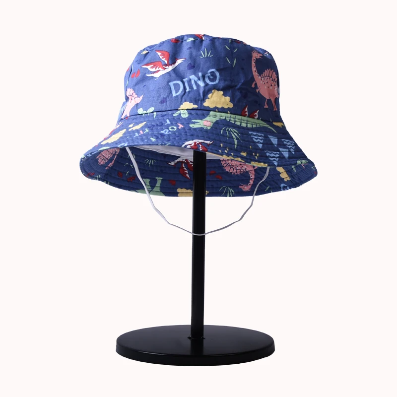 Children\'s Cotton Cartoon Bucket Hat, Dinosaur Print, Sol, Flor, Bebê, Meninos, Meninas, Crianças, Panamá, Verão