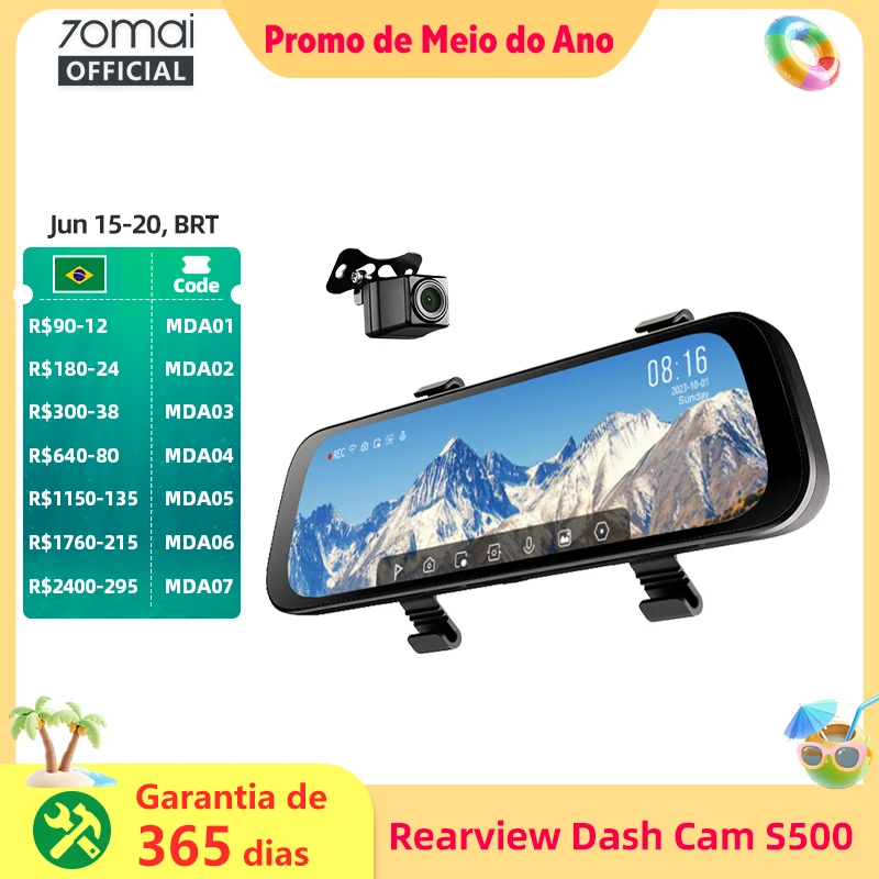 70mai retrovisor traço cam s500 9.35 ''tela de toque 70mai s500 carro dvr 3k super capacitor duplo canal hdr controle de voz 24h parque