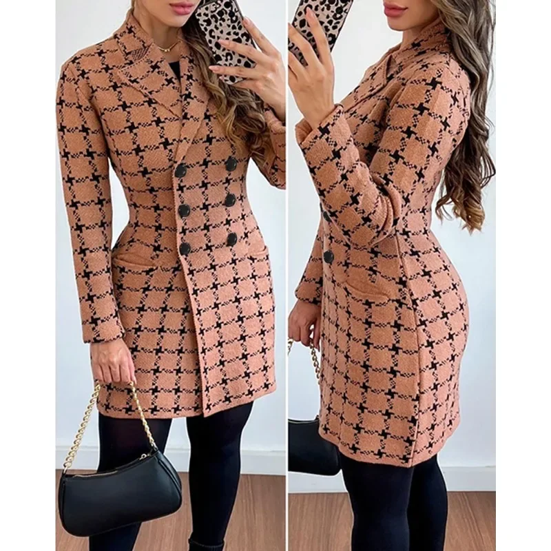 Plaid Print Double Breasted Knit Cardigan Top Coat Y2K Chic Women Autumn Winter Long Sleeve Lapel Collar Corset Jacket Outwear