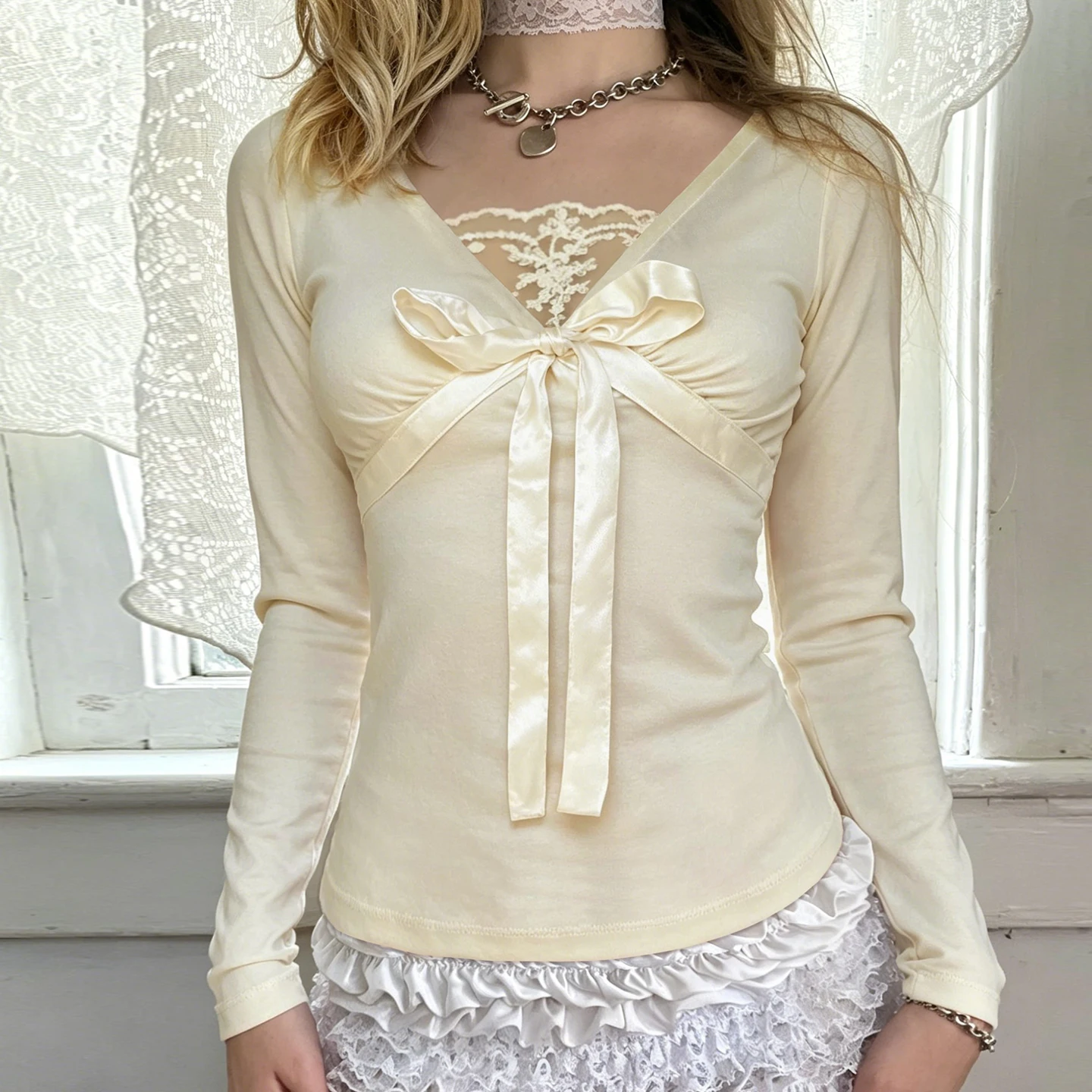 SUCHCUTE  Women Coquette Y2K Long Sleeve Top V Neck Lace Mesh Patchwork Satin Big Bow Slim Tee Vintage Sweet T-Shirt Streetwear