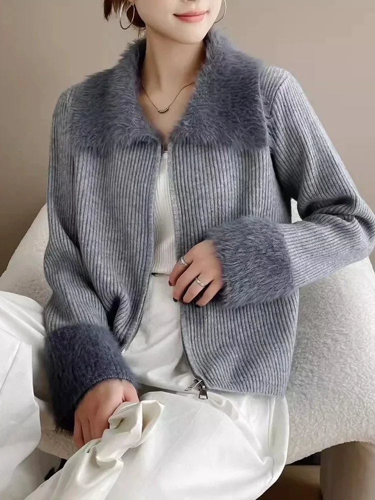 เสื้อสเวตเตอร์ถักแบบมีซิป ปกพับได้ ตัดต่อผ้าถัก สไตล์ลำลองสำหรับผู้หญิง เสื้อคลุมคาร์ดิแกนทรงหลวม แฟชั่นเสื้อถักแขนยาวแบบสั้นและยาว เสื้อกั๊กถัก