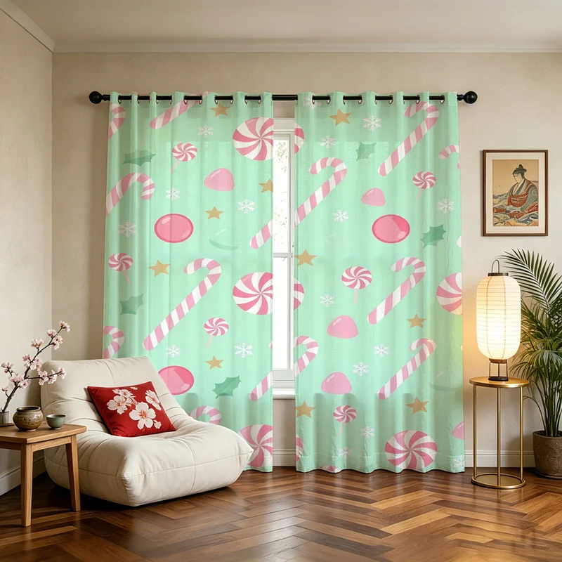 2Pcs Christmas Polyester Curtain Set,Durable,Easy Hanging,Easy to install,Xmas Holiday Gift,Pink Candy Cane Lollipop Print