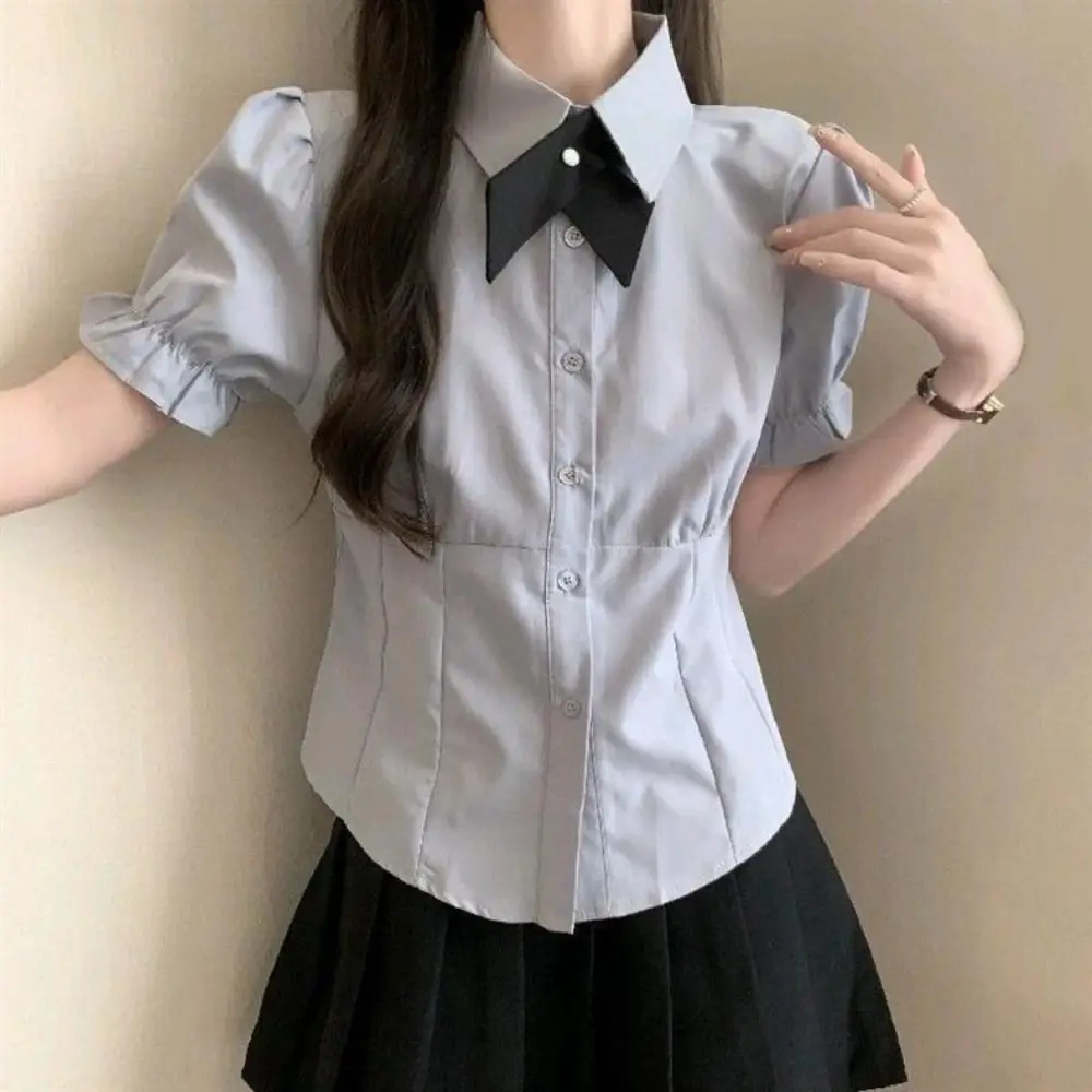Bowknot JK Short Sleeve Shirts Y2K Preppy Style Slim Blouse Women Puff Sleeve Crop Top Sweet Girls Shirts Streetwear