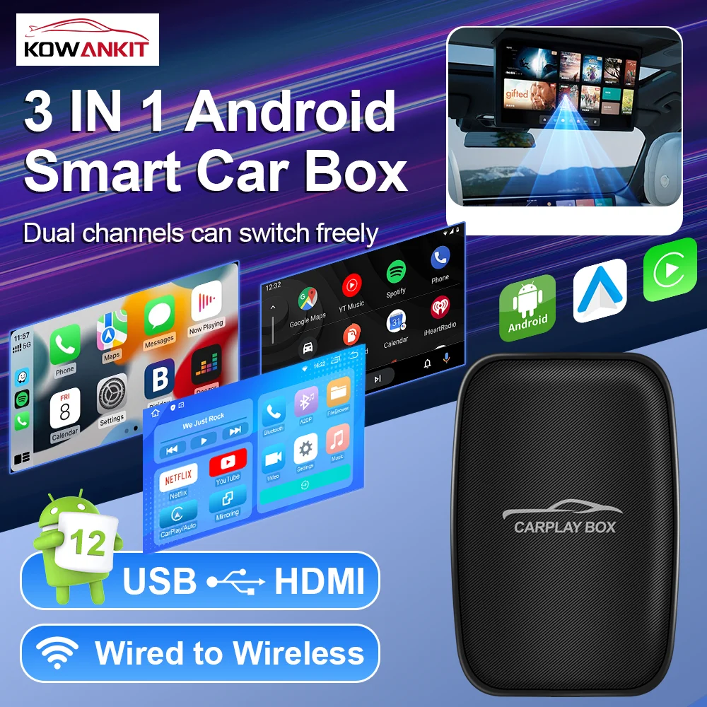 KowanKit 2026 Android 12 Smart CarPlay Box 2+16G Wireless Android Car Adapter 3 in 1 Plug & Play Car Tv Box For Netflix YouTube
