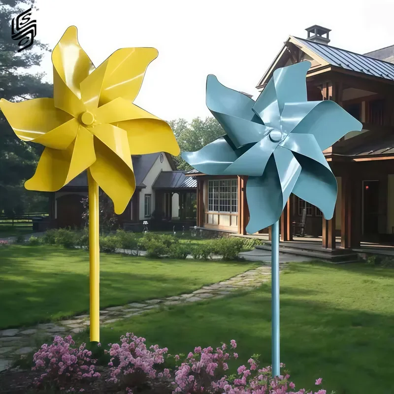 Customized Stainless Steel Windmill Sculpture, Colorful Rotatable Pinwheel Statue for Outdoor Decoration
