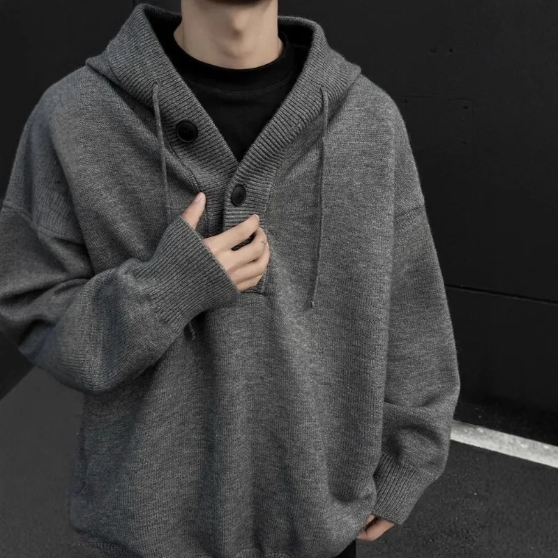 Grijze Amerikaanse retro gebreide trui met capuchon voor heren Winter dikke luie stijl trui Zwaargewicht binnenslaag sweatshirtjack