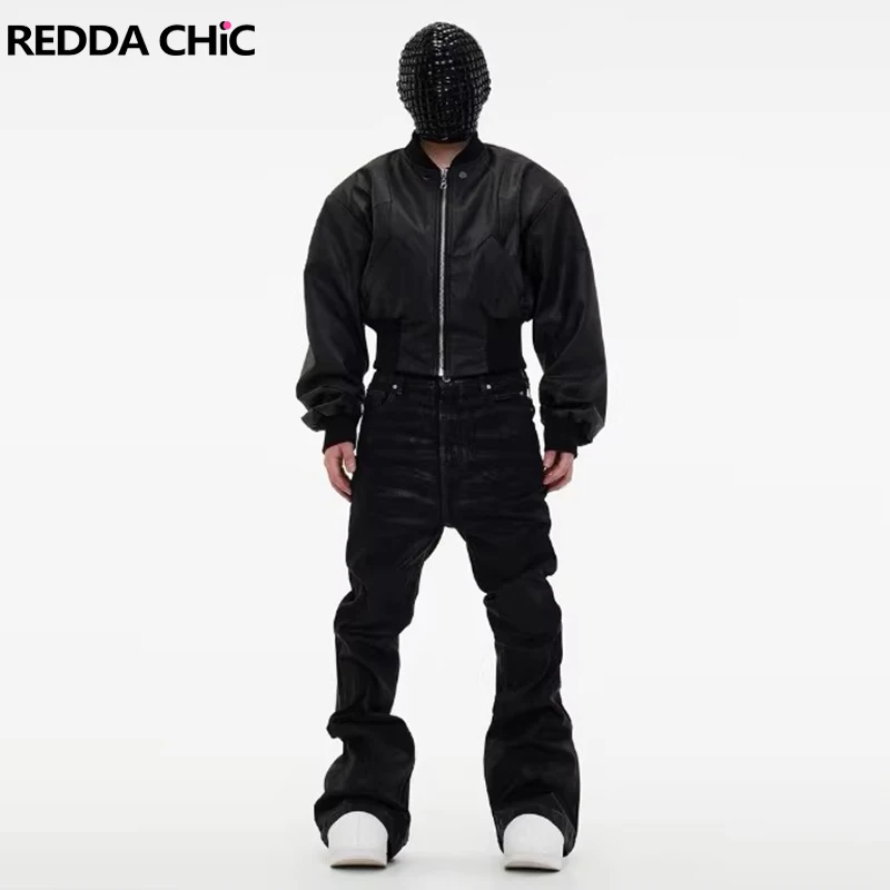 

REDDACHiC Waxed Flare Jeans with Sash Black Vintage Solid Casual High Waist Slim Fit Bootcut Pants Hip Hop Skater Men Streetwear