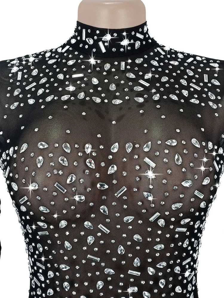 فستان قصير مثير بحجر الراين الأسود والكريستال بقماش شفاف من Kricesseen فستان نسائي جديد بأكمام طويلة وملابس النادي الليلي