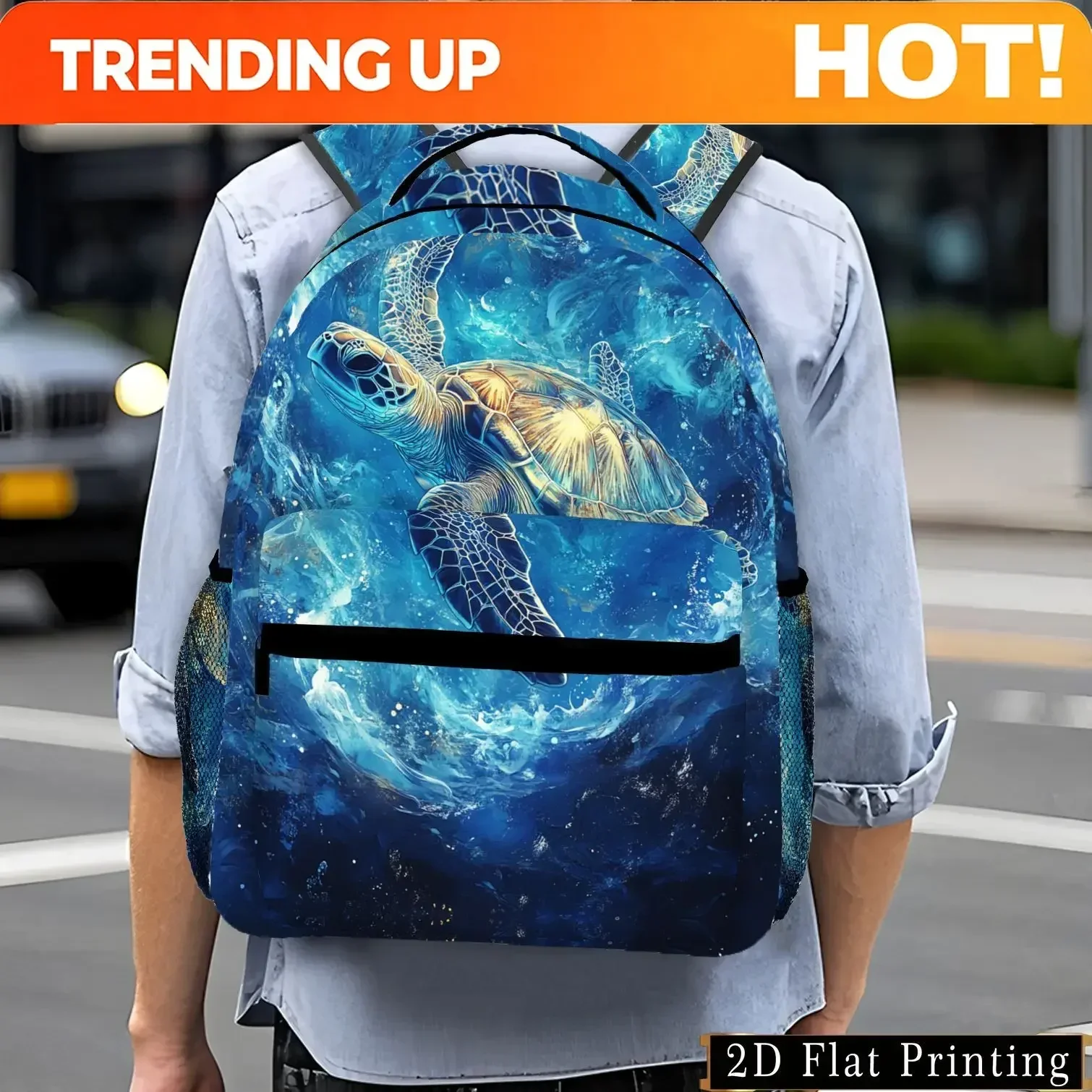 Custom Stylish Sea Turtle & Starry Sky Print Travel Backpack - Durable Polyester with Adjustable Straps, Multiple Pockets