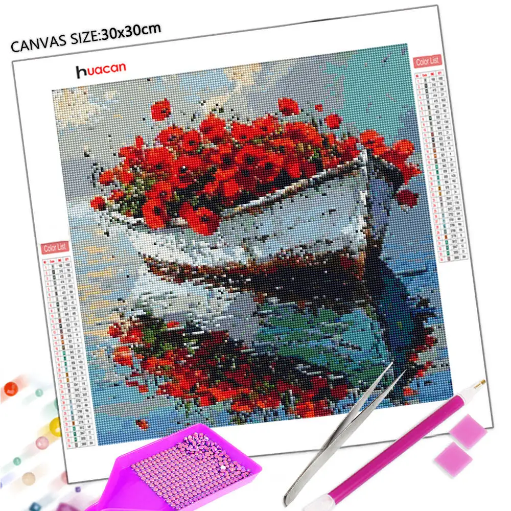 Huacan DIY Ship Diamond Painting Flower Diamond Mosaic New Collection 2025 Decorative Paintings