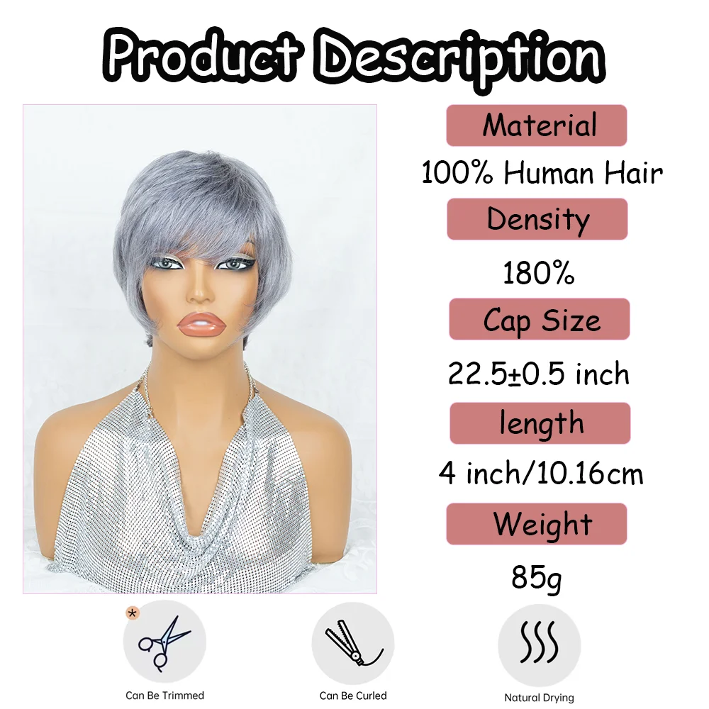 Sliver Gray Pixie Cut Wig Short Straight Human Hair