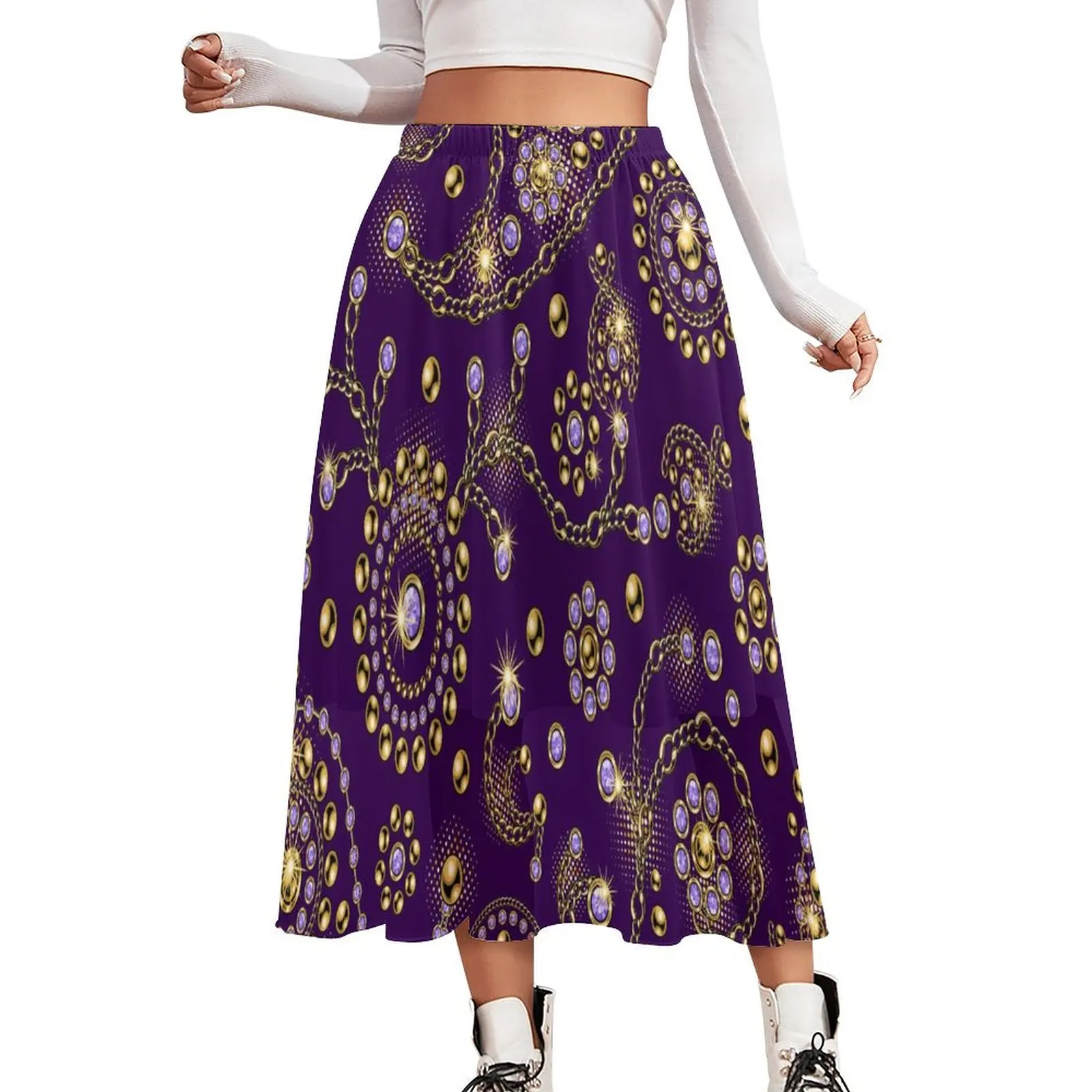 Gold Paisley Skirt Women Swirl Chain Print Modern Boho Skirts Graphic Elastic Waist Street Wear Casual Skirt Big Size 2XL 3XL