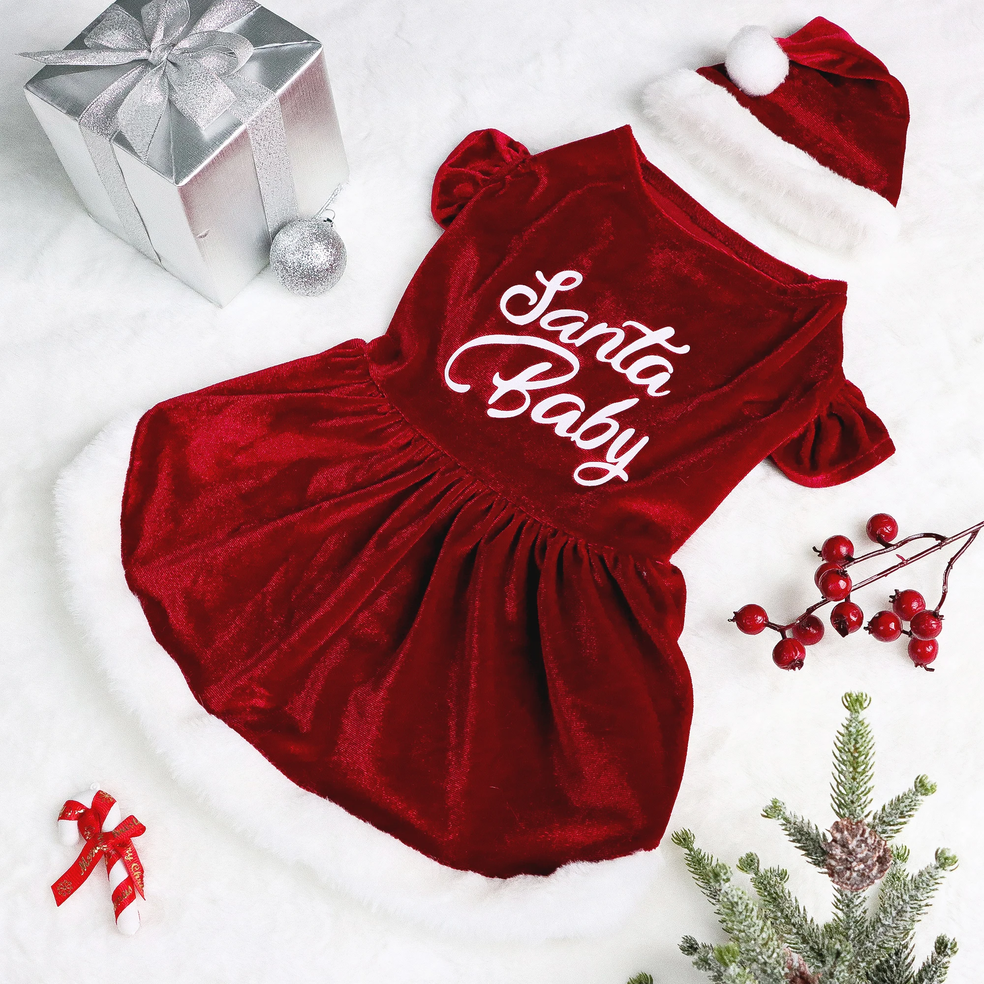 Set of 2 Dog Christmas Dresses  Puppy Dress  with Santa Baby Letters Puppy Plush Clothes Doggie Xmas Party Pet Cat Warm Clothes