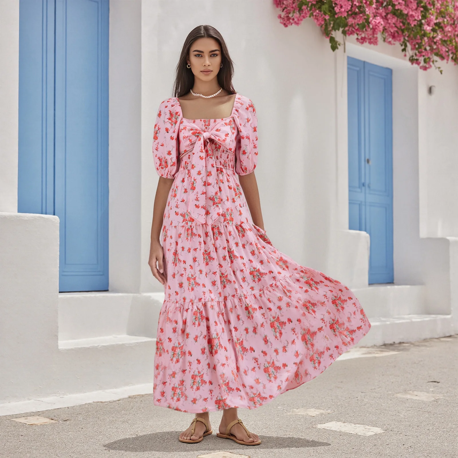 Abiti estivi da donna a maniche corte a trapezio Abito lungo da festa con fiocco grande con stampa floreale casual per cocktail