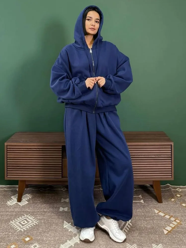 المرأة عارضة سستة عرق Conjuntos الكورية الأزياء الفضفاضة مقنعين فرقة فضفاضة مرونة مستقيم السراويل الرياضية 2 قطعة مجموعة #2