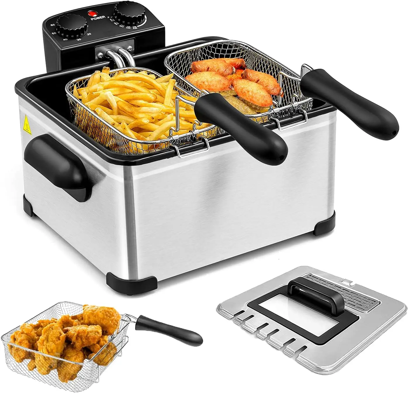 

5.3QT Electric Deep Fryer with 3 Baskets, 5L Stainless Steel Oil Fryer with Timer, Temperature Control for Kitchen and Parties