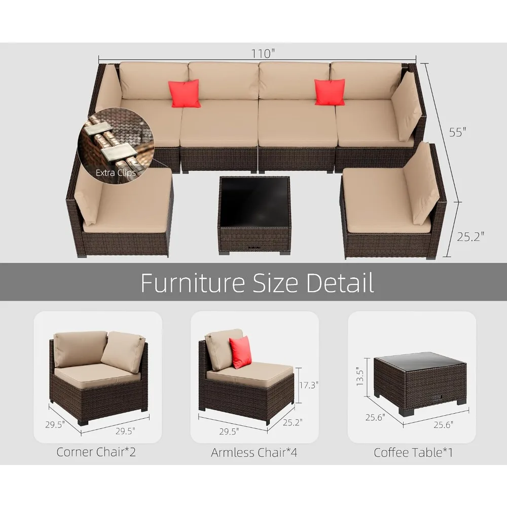 Canapé sectionnel en rotin PE tous temps avec coussin et table en verre, ensemble de meubles, meubles d'extérieur, 7 pièces